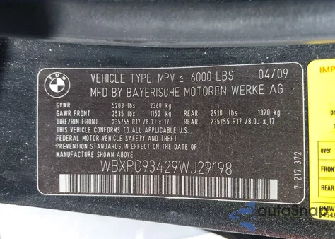 2009 BMW X3 xDrive30I из США, поврежденный, VIN WBXPC93429WJ29198